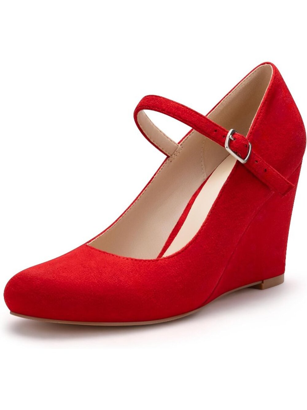 Women's Red Suede Wedge Pumps With Ankle Strap Closed Toe Dressy Heels Shoes